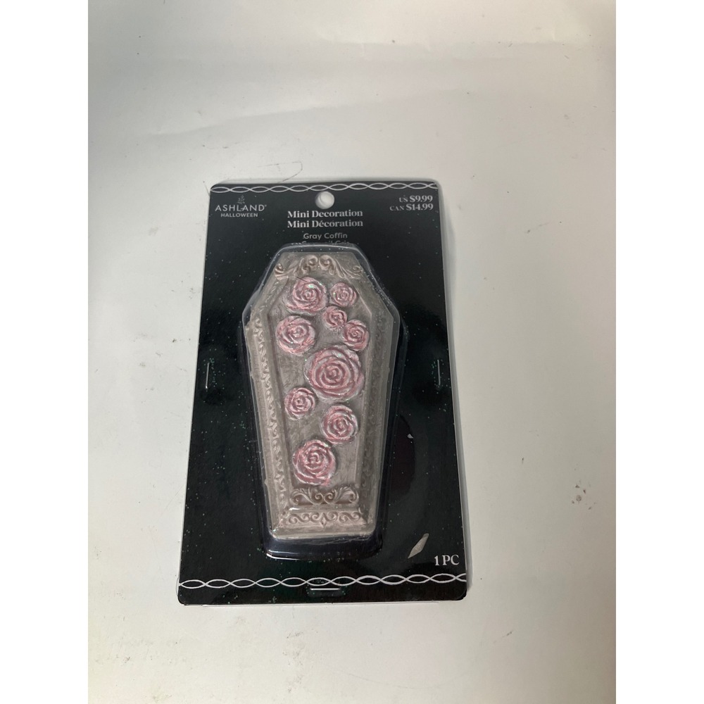 Ashland Halloween‎ Mini Decoration Gray Coffin with Pink Roses New in Package